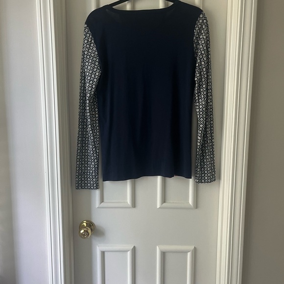 Tory Burch Floral Navy Blue Pima Cotton Long Sleeve Shirt - Picture 3 of 4